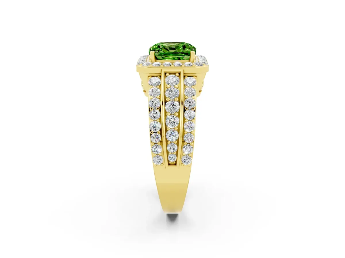 Cushion Cut Halo Peridot Ring with Round Split Shank and Prong Setting Yellow gold