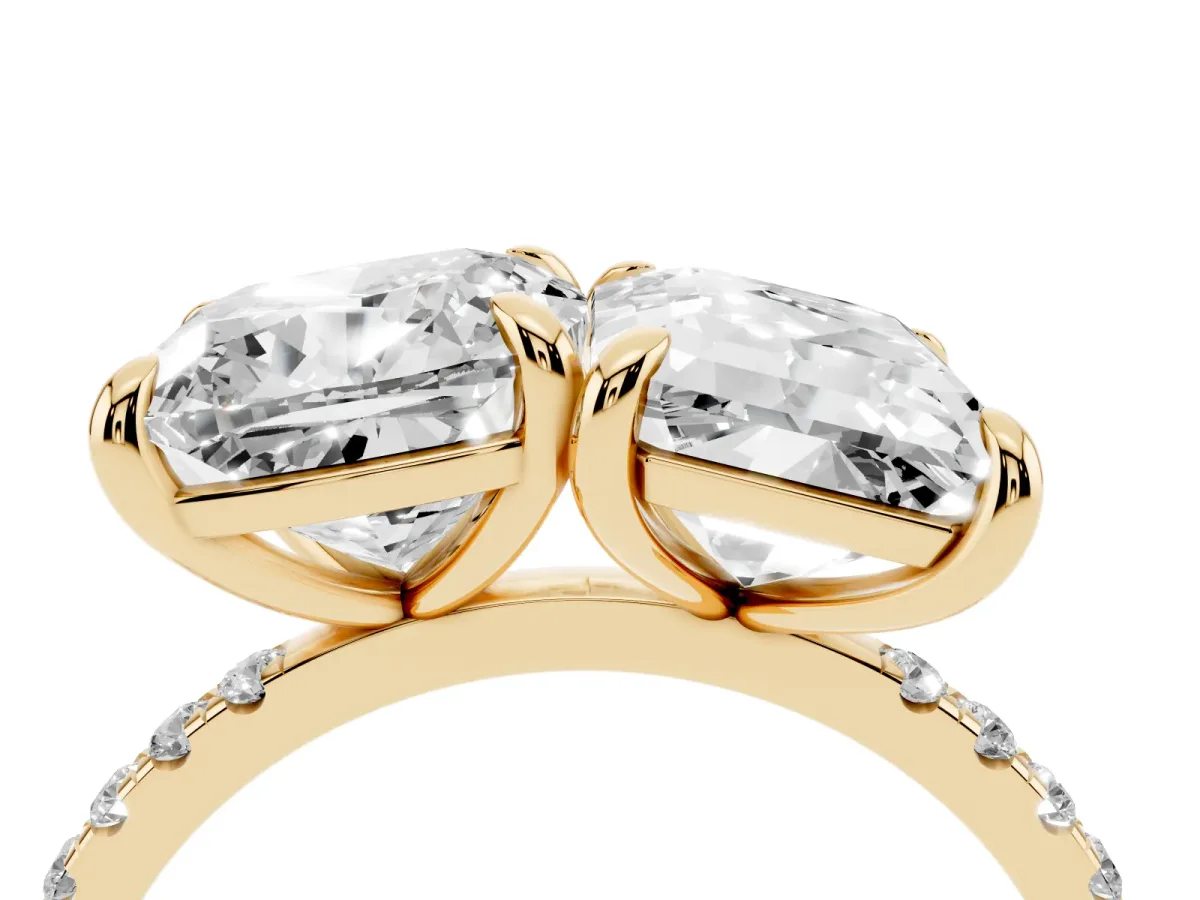 Cushion and Emerald Toi Moi Ring with Prong Setting and Micro Pave Band Yellow gold