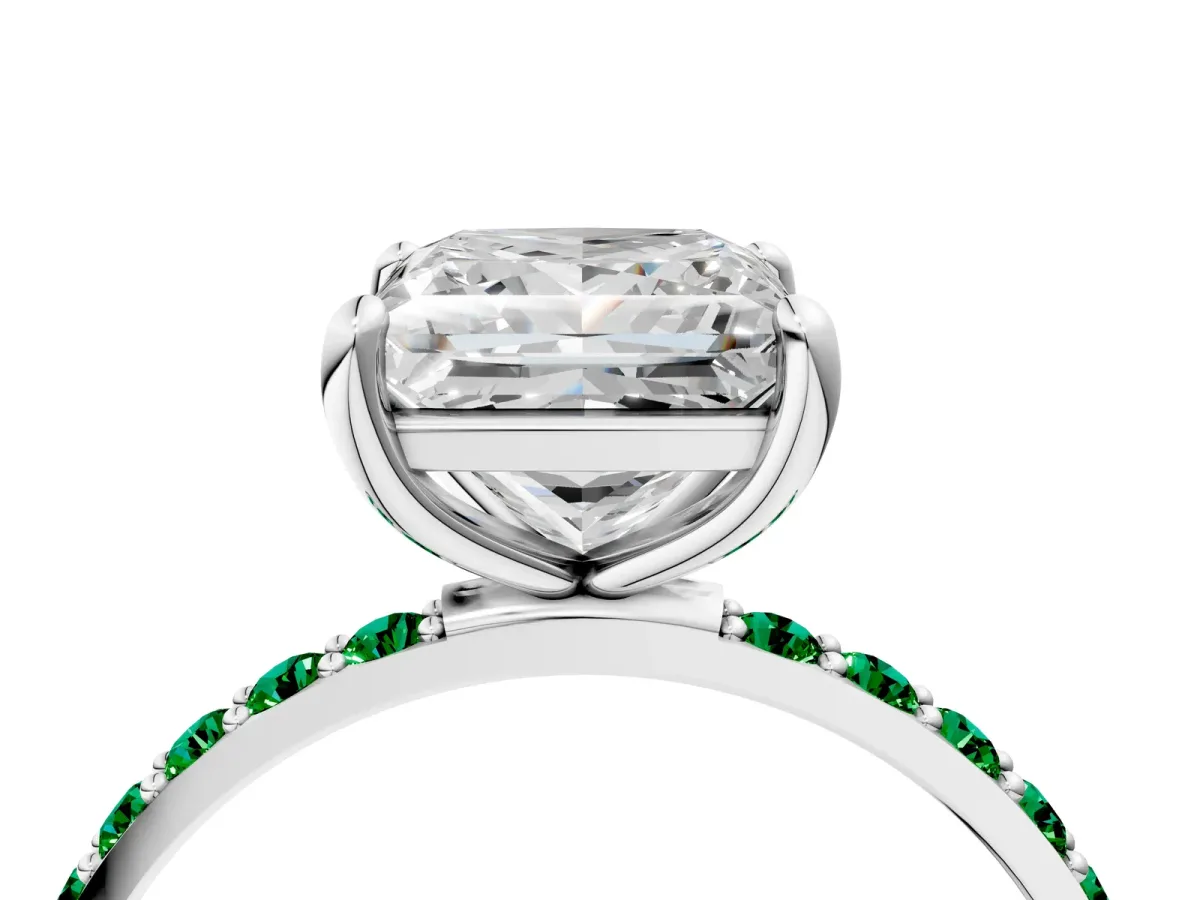 Princess Cut Diamond Solitaire Ring with Round Emerald Pavé Band and Prong Setting Platinum