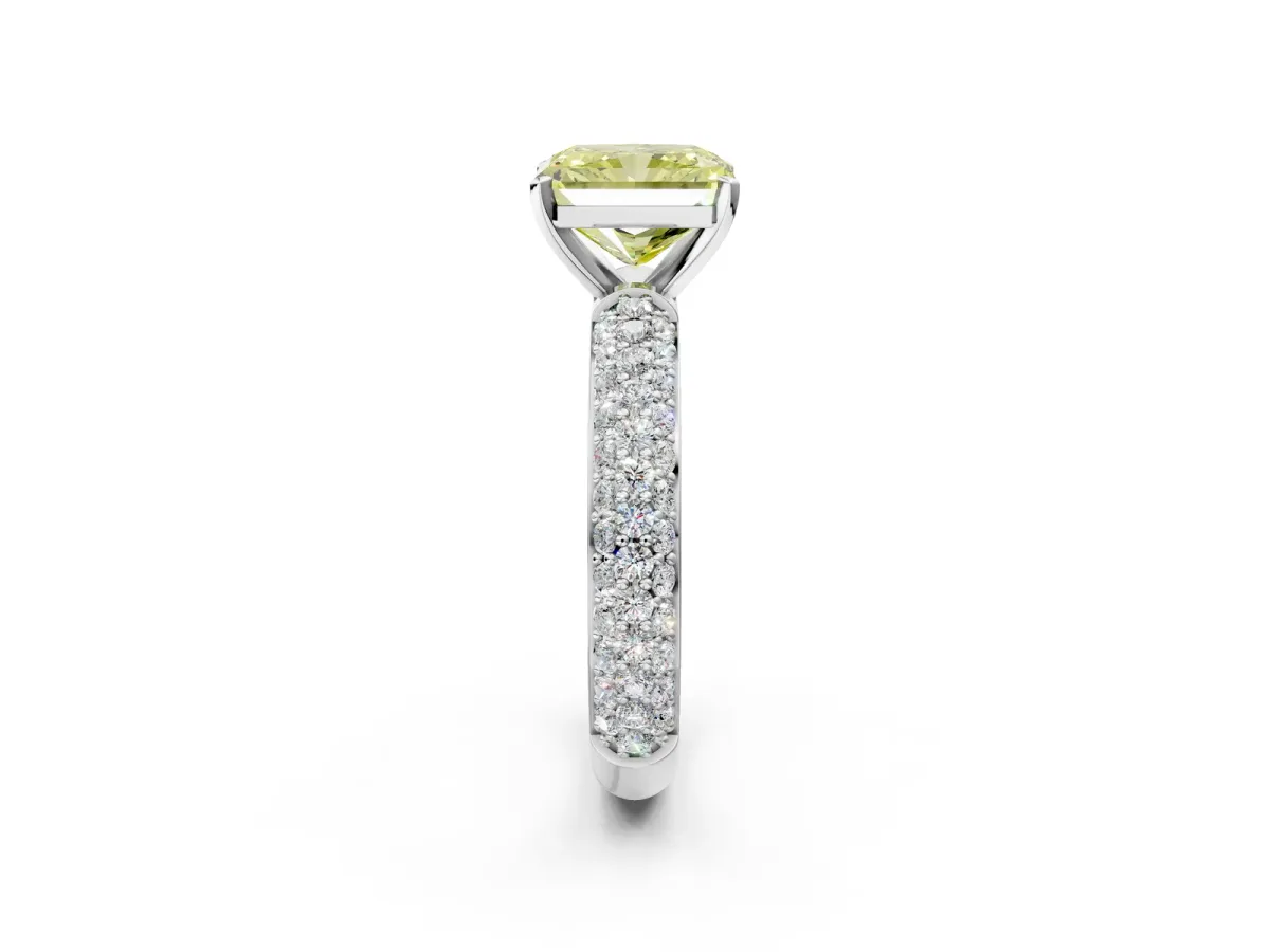 Fancy Yellow Radiant Cut Diamond Solitaire Ring with Prong Setting and Pavé Band Platinum