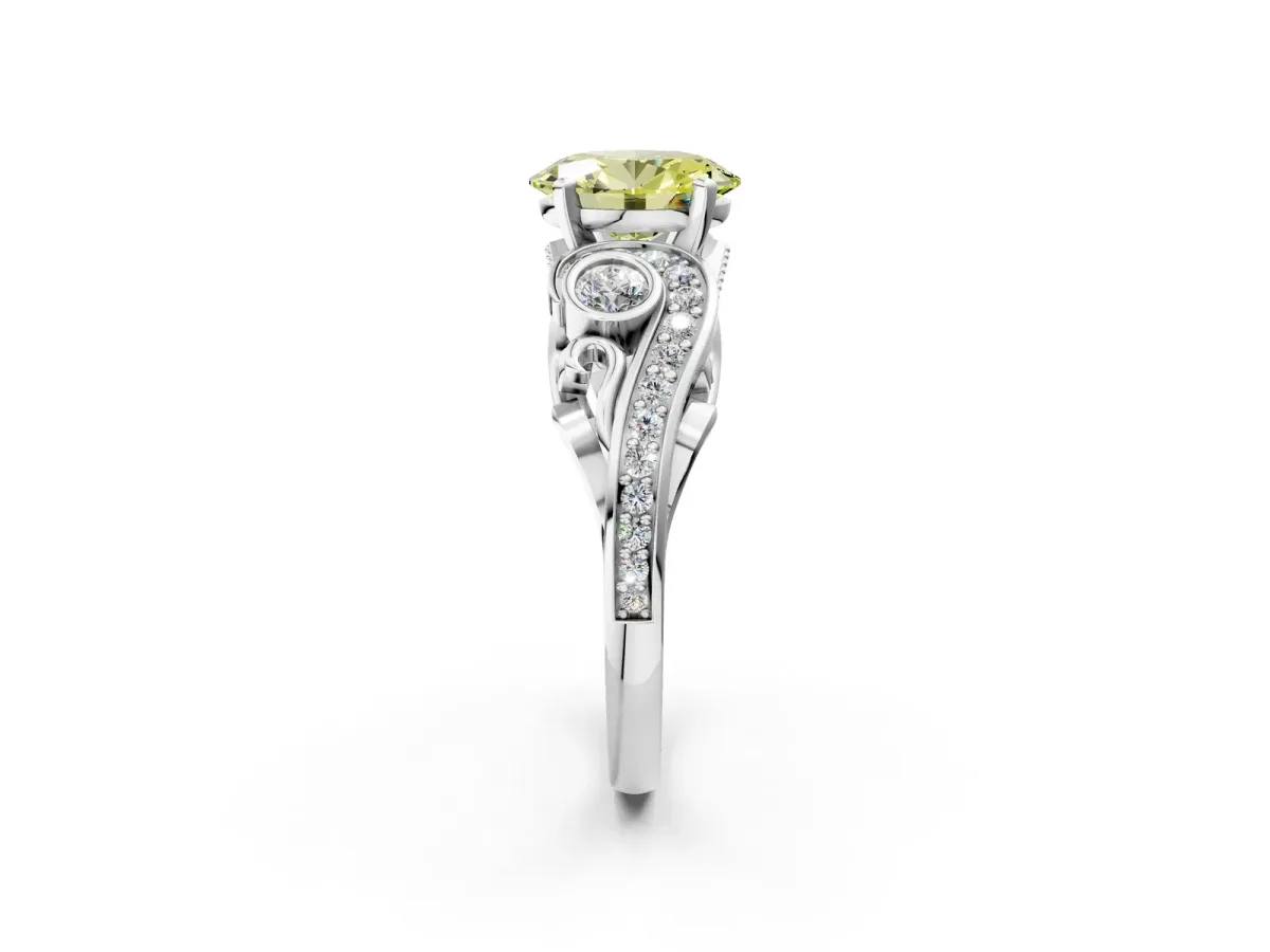 Fancy Yellow Oval Cut Diamond Solitaire Ring with Milgrain Pavé Band and Four-Prong Setting Silver