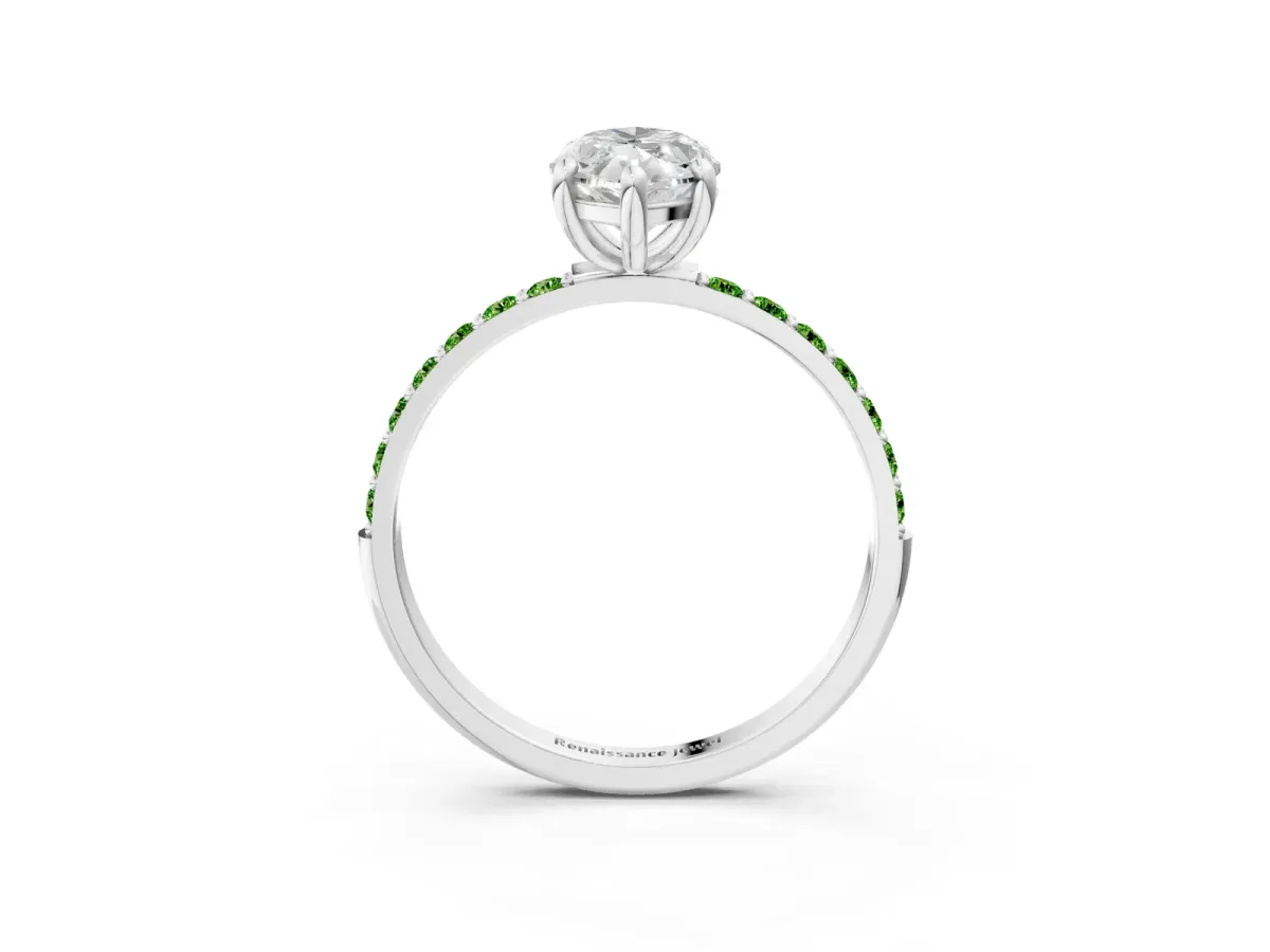 Marquise Cut Diamond Solitaire Ring with Round Peridot Pavé Band and Prong Setting Silver