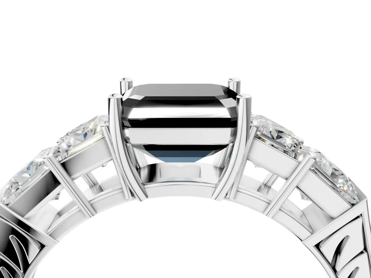 Fancy Black Asscher Cut Solitaire Princess Side Stone Engraved Band Prong Setting Ring Silver