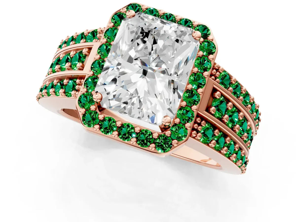 Radiant Cut Halo Diamond Ring with Round Emerald Split Shank and Prong Setting Rose gold