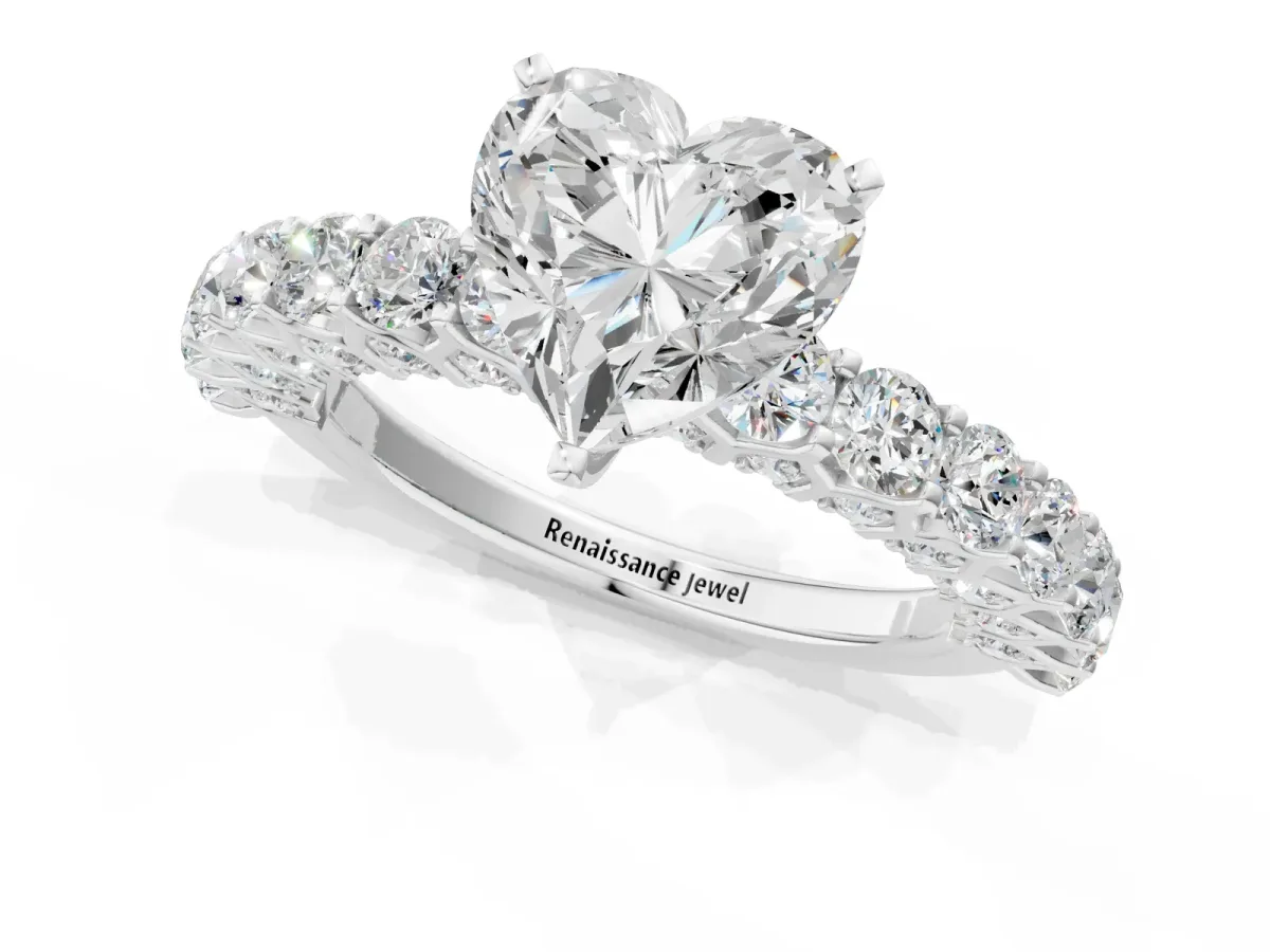 Heart Cut Diamond Solitaire Ring with Shared Prong Pavé Band and Four-Prong Setting Silver
