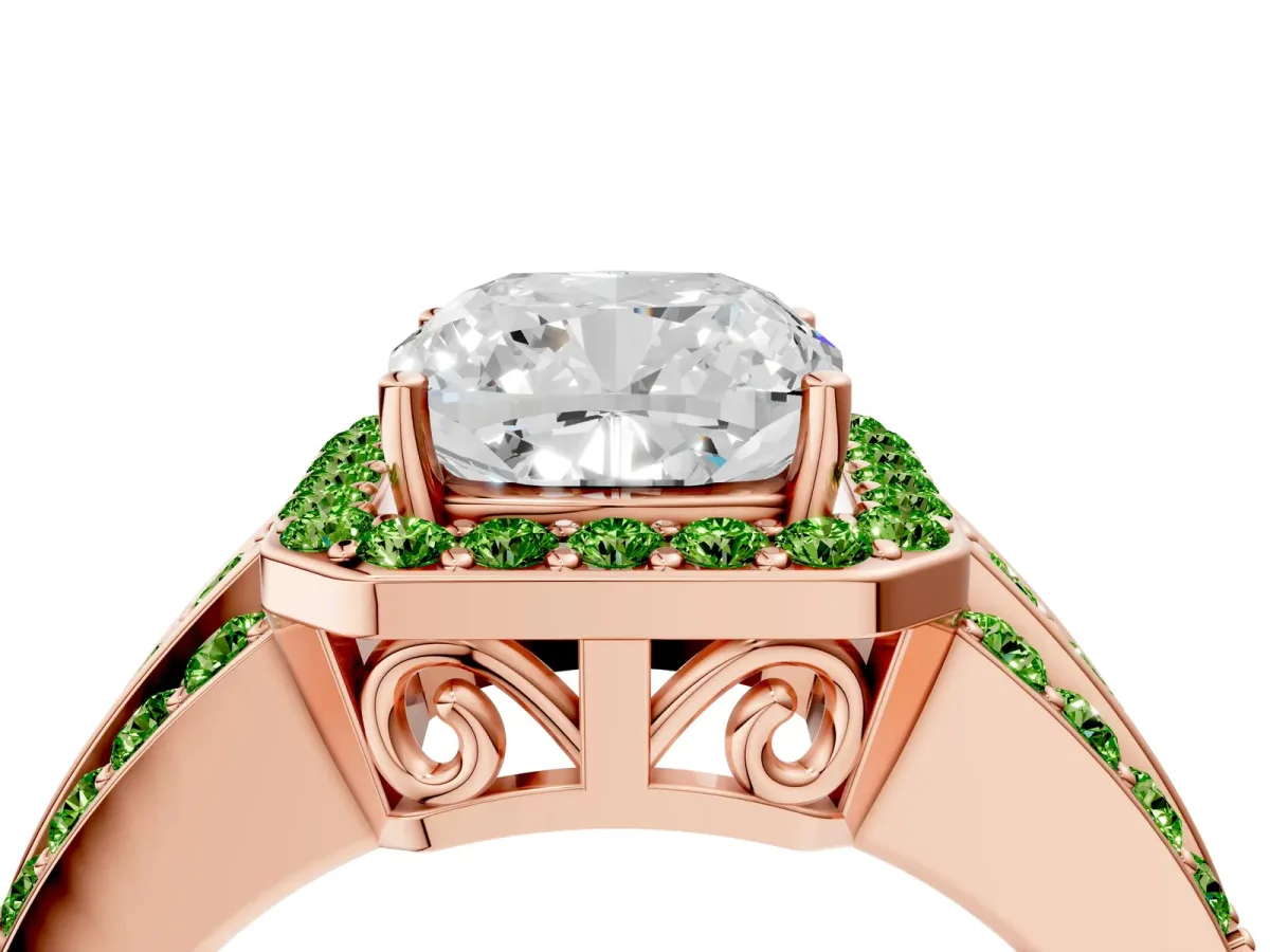 Cushion Cut Halo Diamond Ring with Round Peridot Split Shank and Prong Setting Rose gold