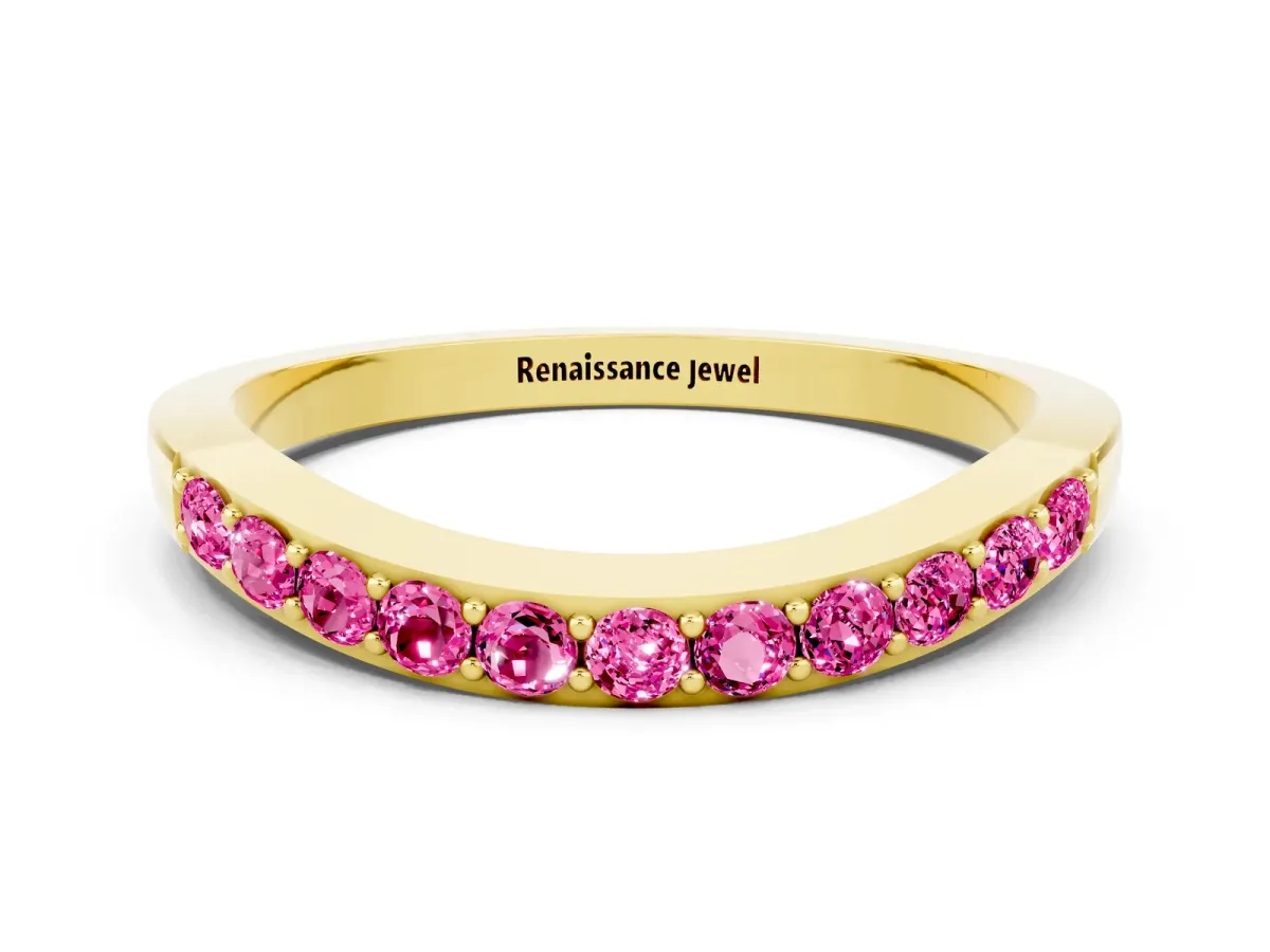 Round Pink Sapphire Curved Wedding Band with Channel Setting Yellow gold