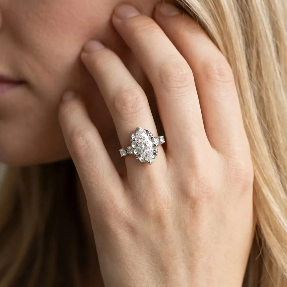Marquise Cut Cut Diamond Floral Halo Engagement Ring with Shared Prong Setting Silver