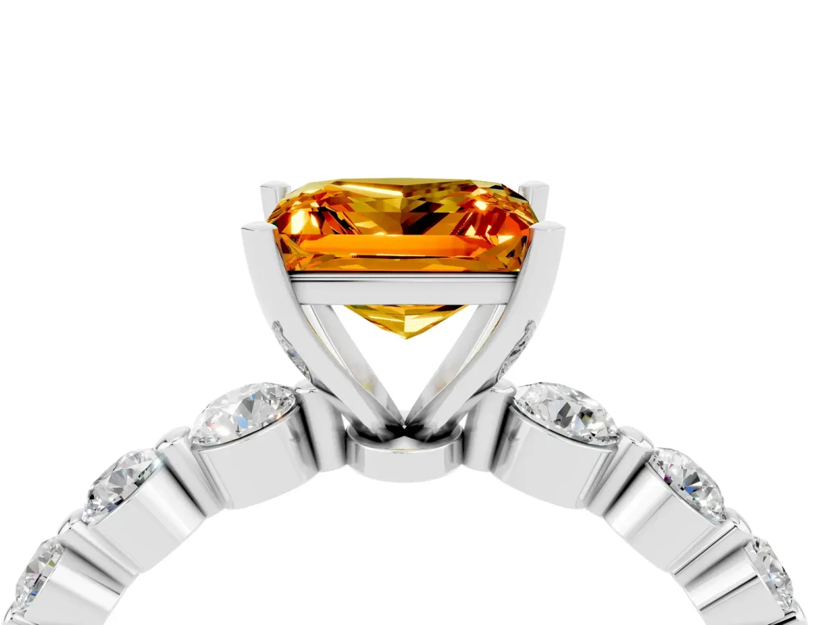 Princess Cut Solitaire Citrine Ring with Pave Band and Four-Prong Setting Silver