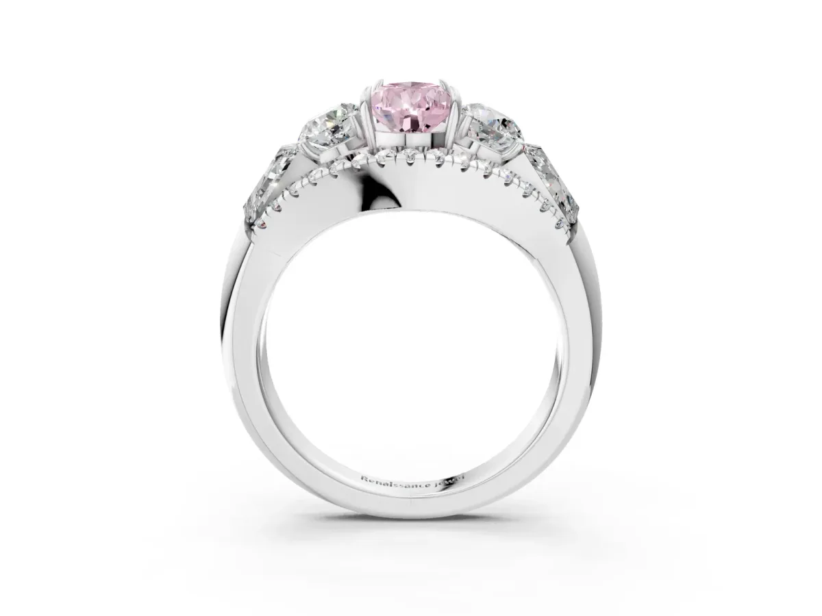Fancy Pink Three-Stone Pear Cut Diamond Engagement Ring with Pave Band and Prong Setting Platinum
