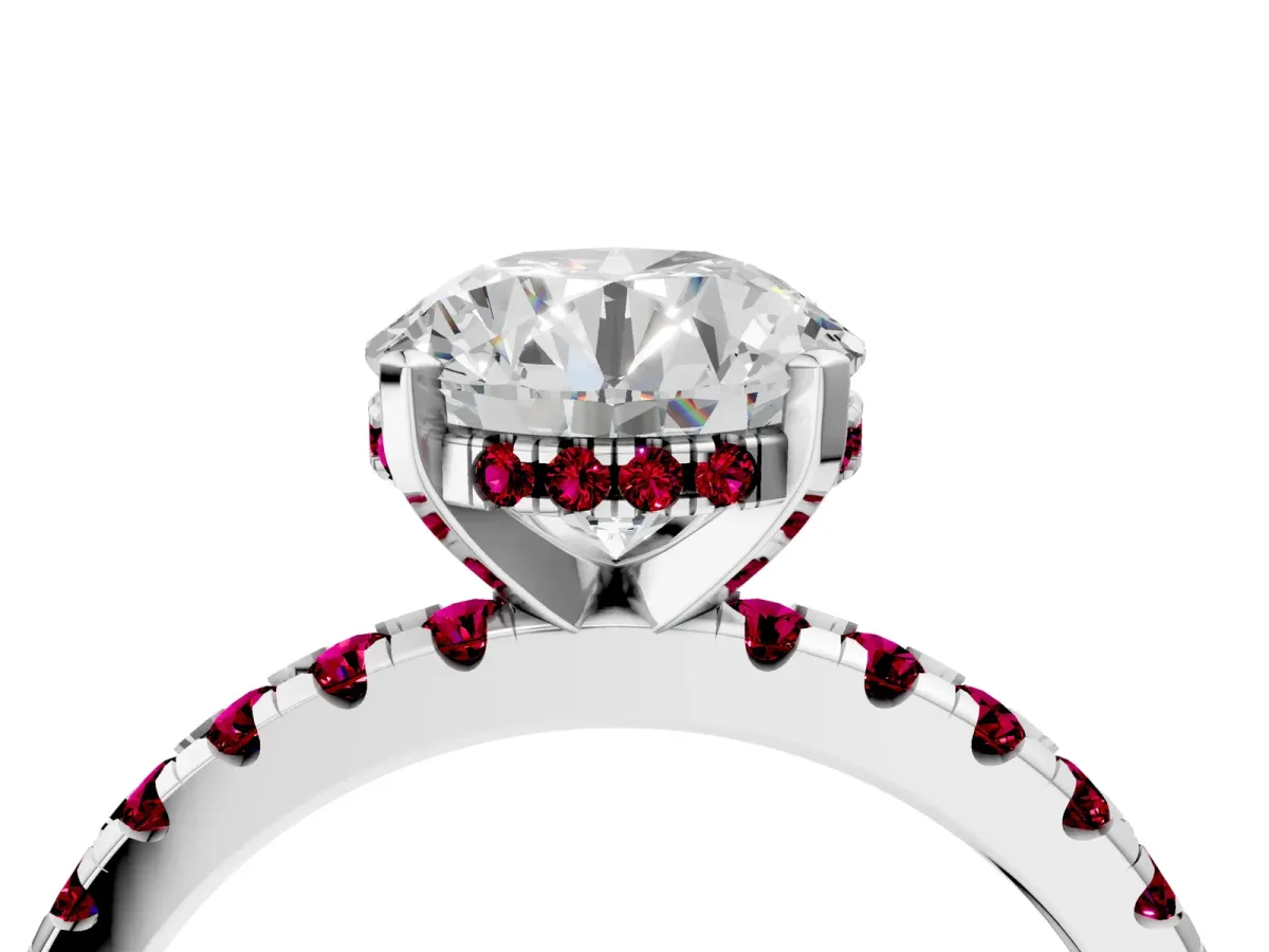 Round Cut Diamond Solitaire Ring with Round Garnet Pavé Band and Four-Prong Setting Silver