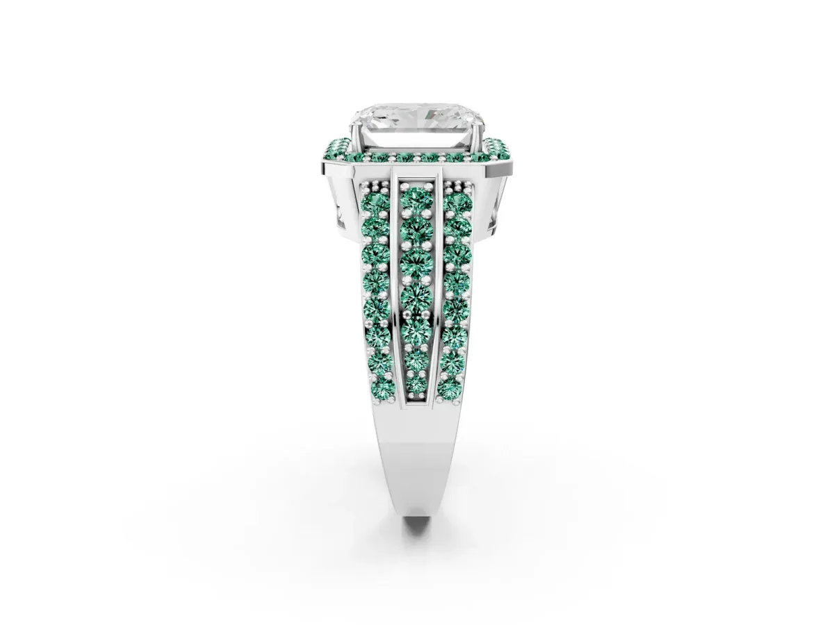 Radiant Cut Halo Diamond Ring with Round Green Sapphire Split Shank and Prong Setting Silver