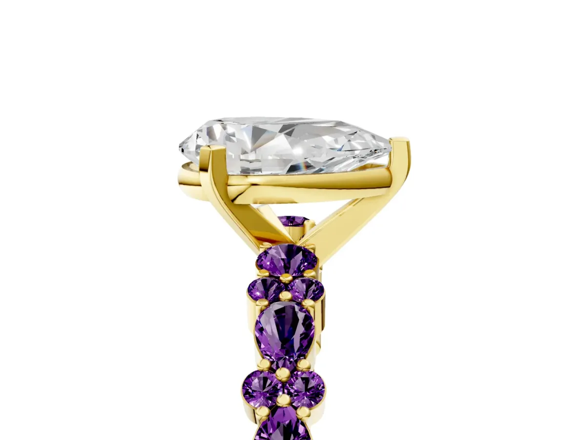 Pear Cut Diamond Side Stone Solitaire Ring with Round Amethyst and Four-Prong Setting Yellow gold