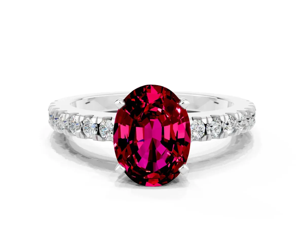 Oval Cut Solitaire Garnet with Pavé Band and Four-Prong Setting Platinum