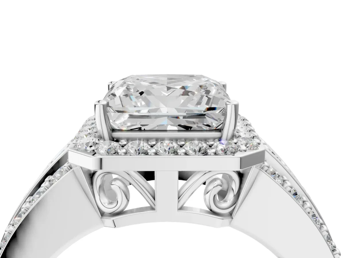 Princess Cut Halo Diamond Ring with Round Split Shank and Prong Setting White gold