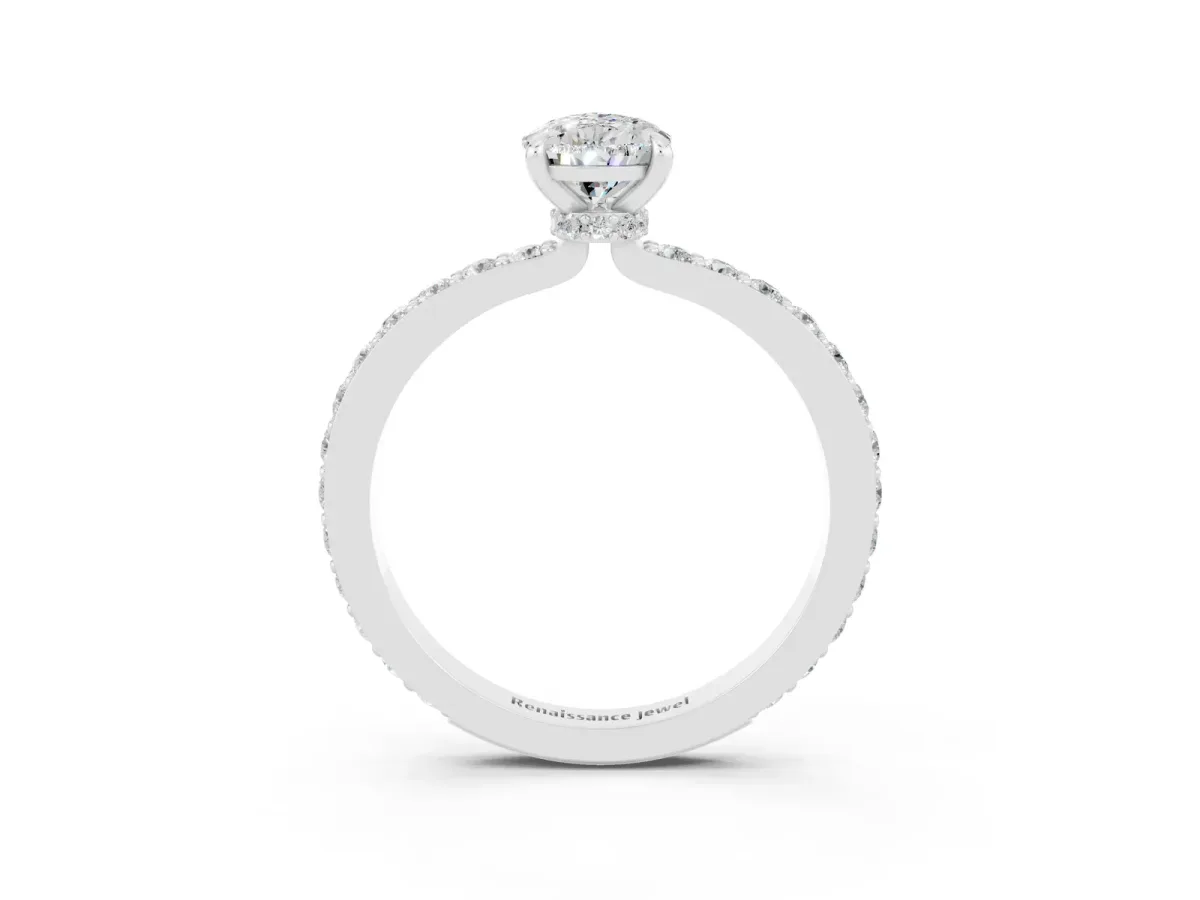 Pear Cut Moissanite Solitaire Engagement Ring with Pavé Band and Four-Prong Setting Silver