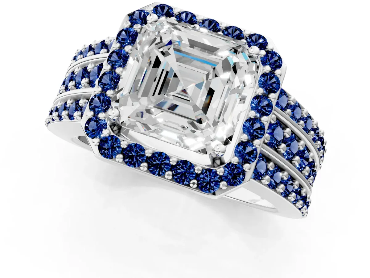 Asscher Cut Halo Diamond Ring with Round Blue Sapphire Split Shank and Prong Setting Silver