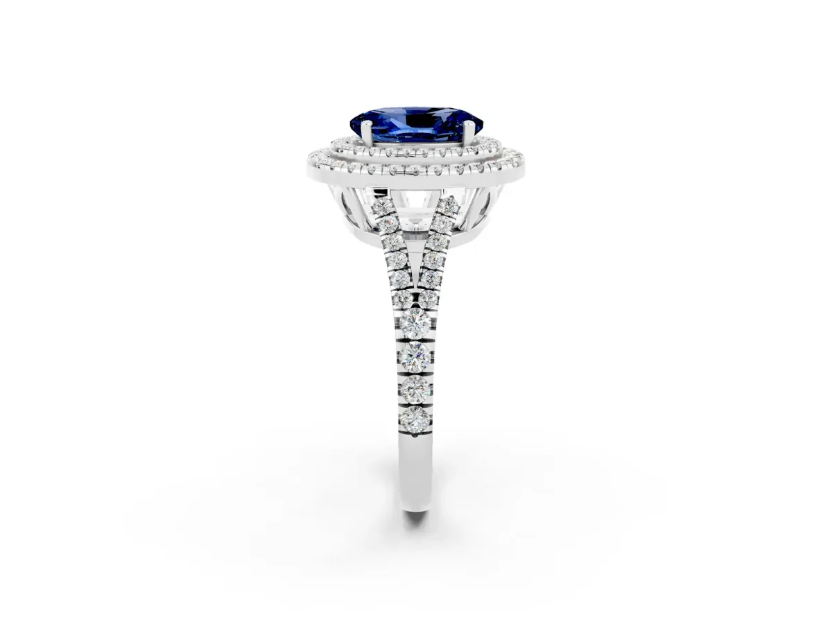 Oval Cut Blue Sapphire Double Halo Ring with Pavé Band and Prong Setting Silver