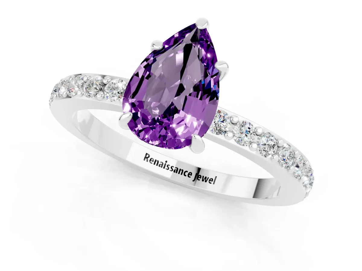 Pear Cut Amethyst Solitaire Engagement Ring with Pavé Band and Four-Prong Setting Silver
