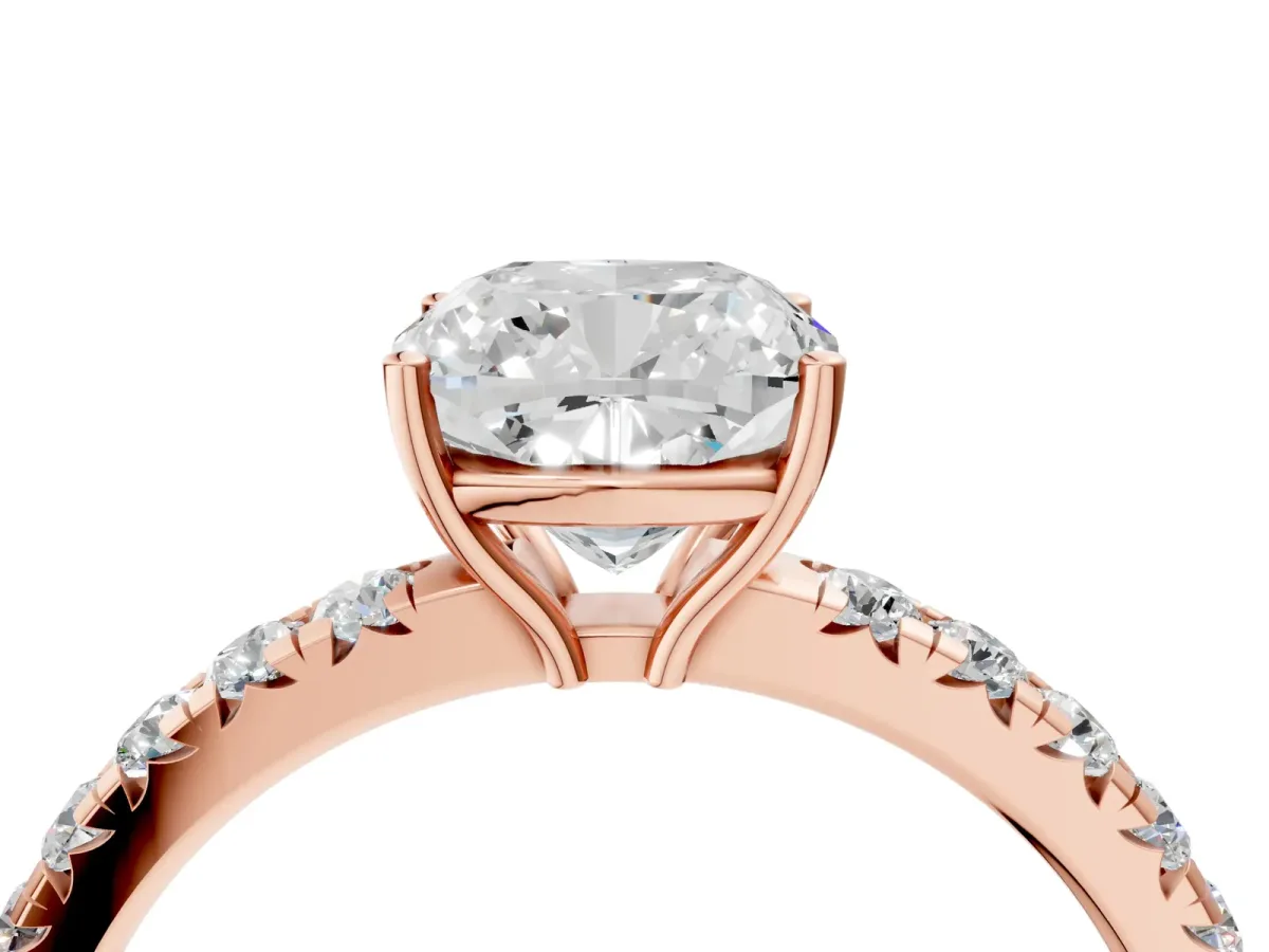 Cushion Cut Diamond Pavé Solitaire Engagement Ring with Four-Prong Setting Rose gold