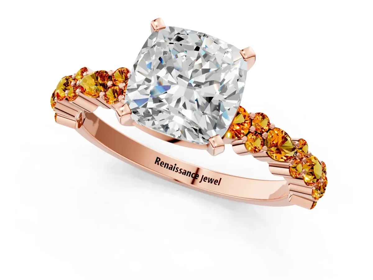 Cushion Cut Diamond Side Stone Solitaire Ring with Round Citrine and Four-Prong Setting Rose gold