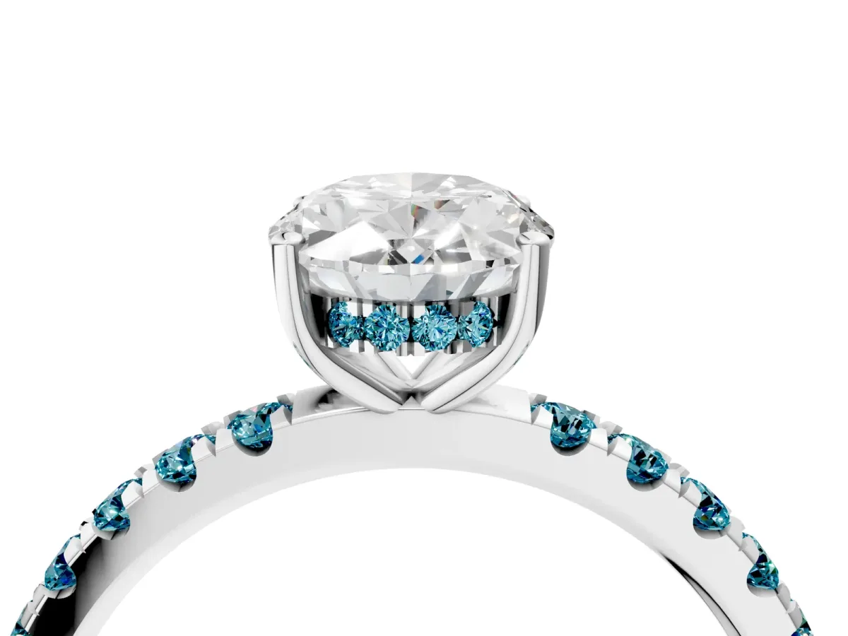 Oval Cut Diamond Pave Band Solitaire Ring with Round Blue Topaz and Prong Setting Platinum