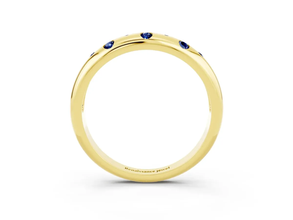 Round Blue Sapphire Flush-Set Comfort Fit Band Yellow gold