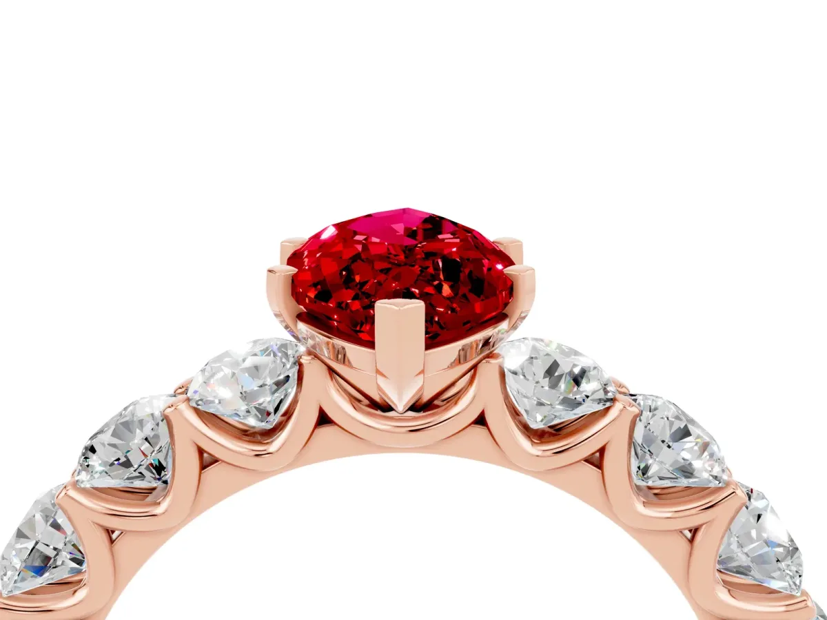 Marquise Cut Ruby Prong Setting with Side Stones on a Pave Band Rose gold