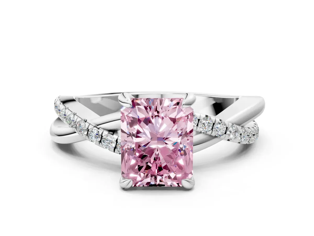 Fancy Pink Radiant Cut Cut Twist Band Solitaire Diamond Ring with Pavé Setting Platinum