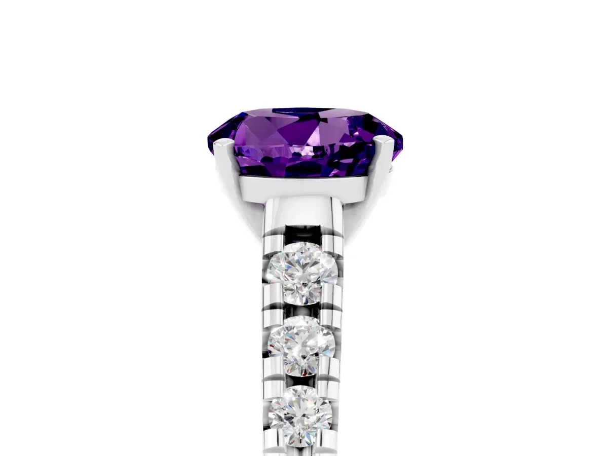 Round Cut Amethyst Cathedral Solitaire Ring with Round Pavé Band Platinum