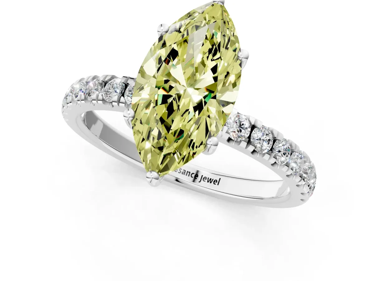 Fancy Yellow Marquise Cut Diamond Pave Band Solitaire Ring with Round and Prong Setting Silver