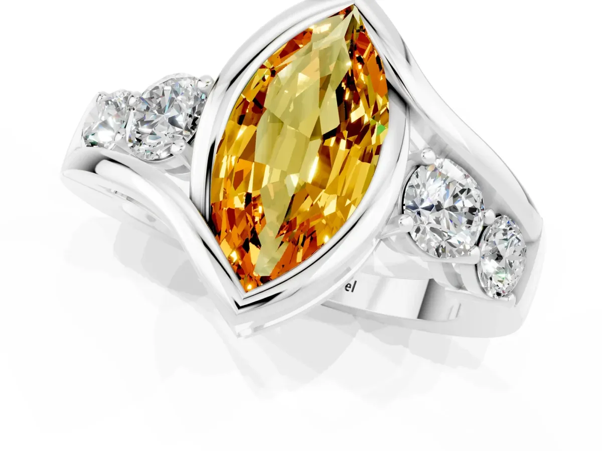 Bezel Set Marquise Cut Citrine Bypass Ring with Round Accents Silver