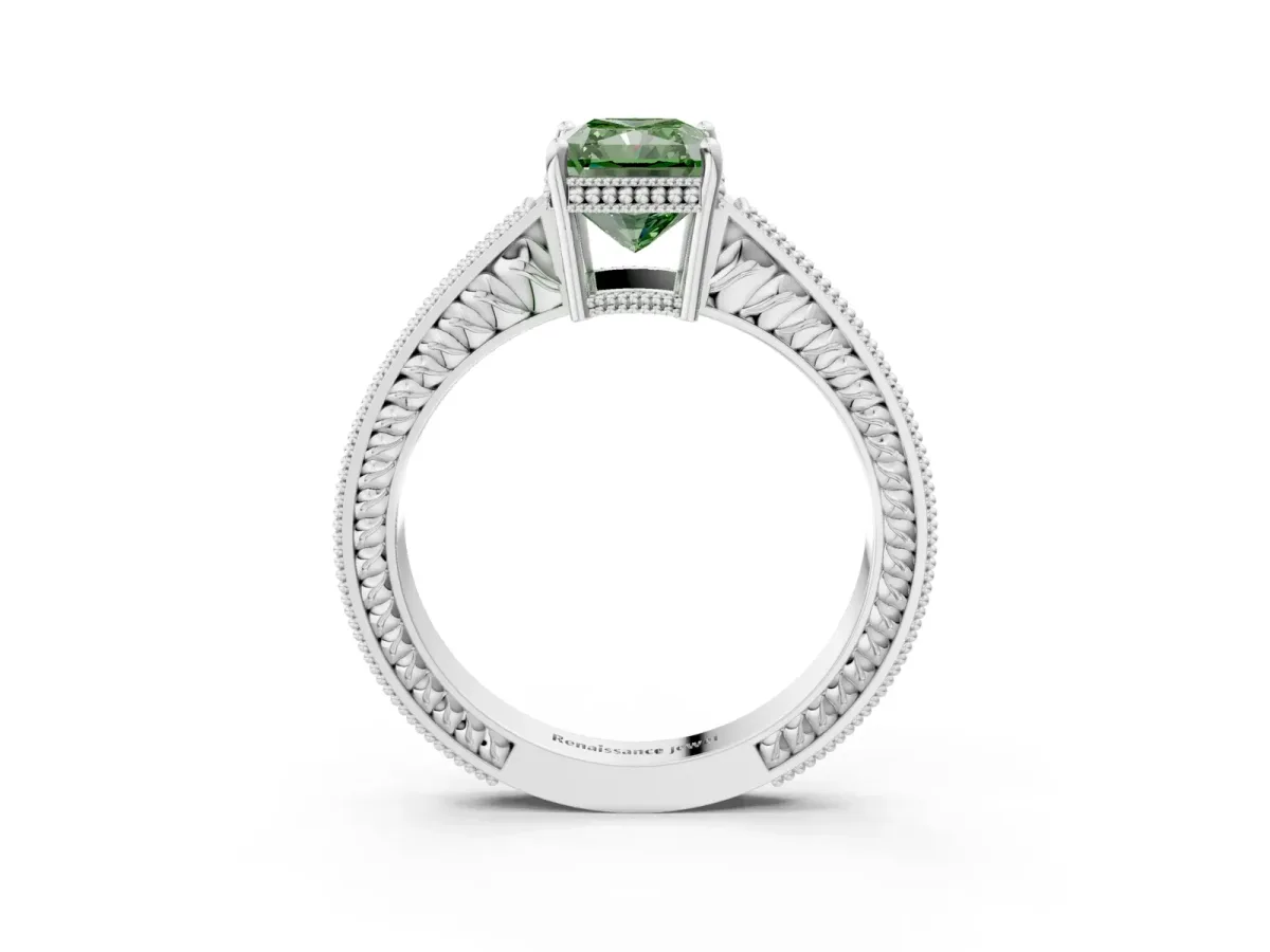 Fancy Green Radiant Cut Cut Diamond Milgrain Pave Band Four-Prong Setting Ring Platinum