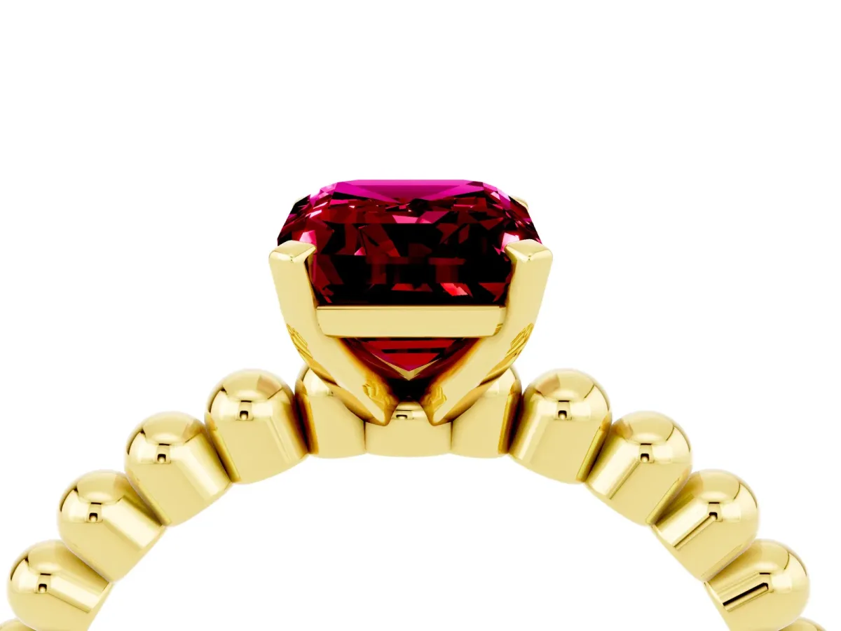 Emerald Cut Garnet Solitaire Ring with Beaded Band and Prong Setting Yellow gold