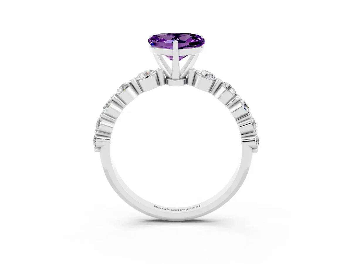 Heart Cut Solitaire Amethyst Ring with Pave Band and Four-Prong Setting Silver