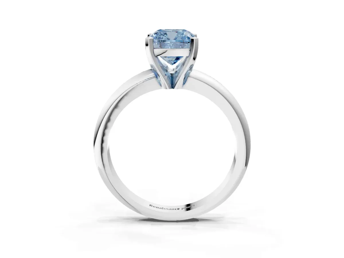 Fancy Blue Cushion Cut Diamond Solitaire Engagement Ring with Round Band and Four-Prong Setting Silver