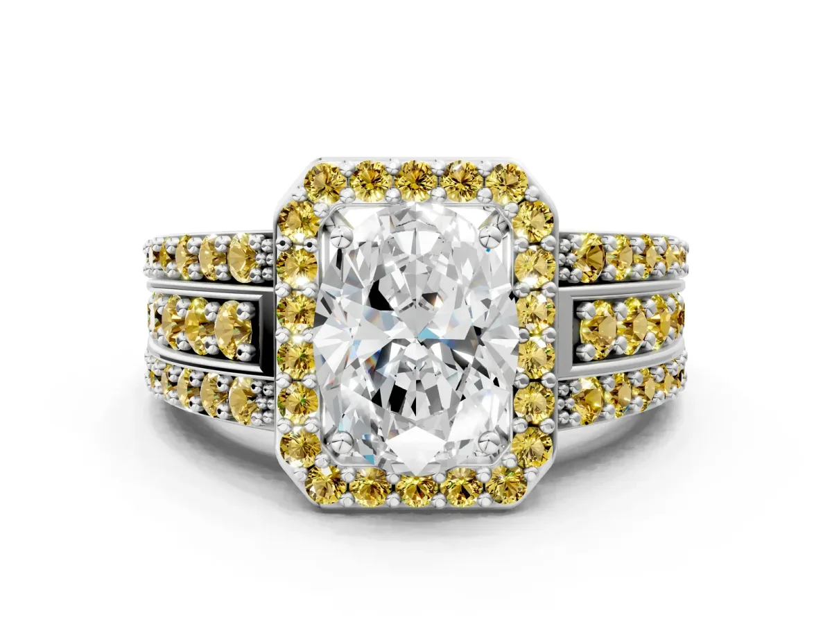 Oval Cut Halo Diamond Ring with Round Yellow Sapphire Split Shank and Prong Setting Silver
