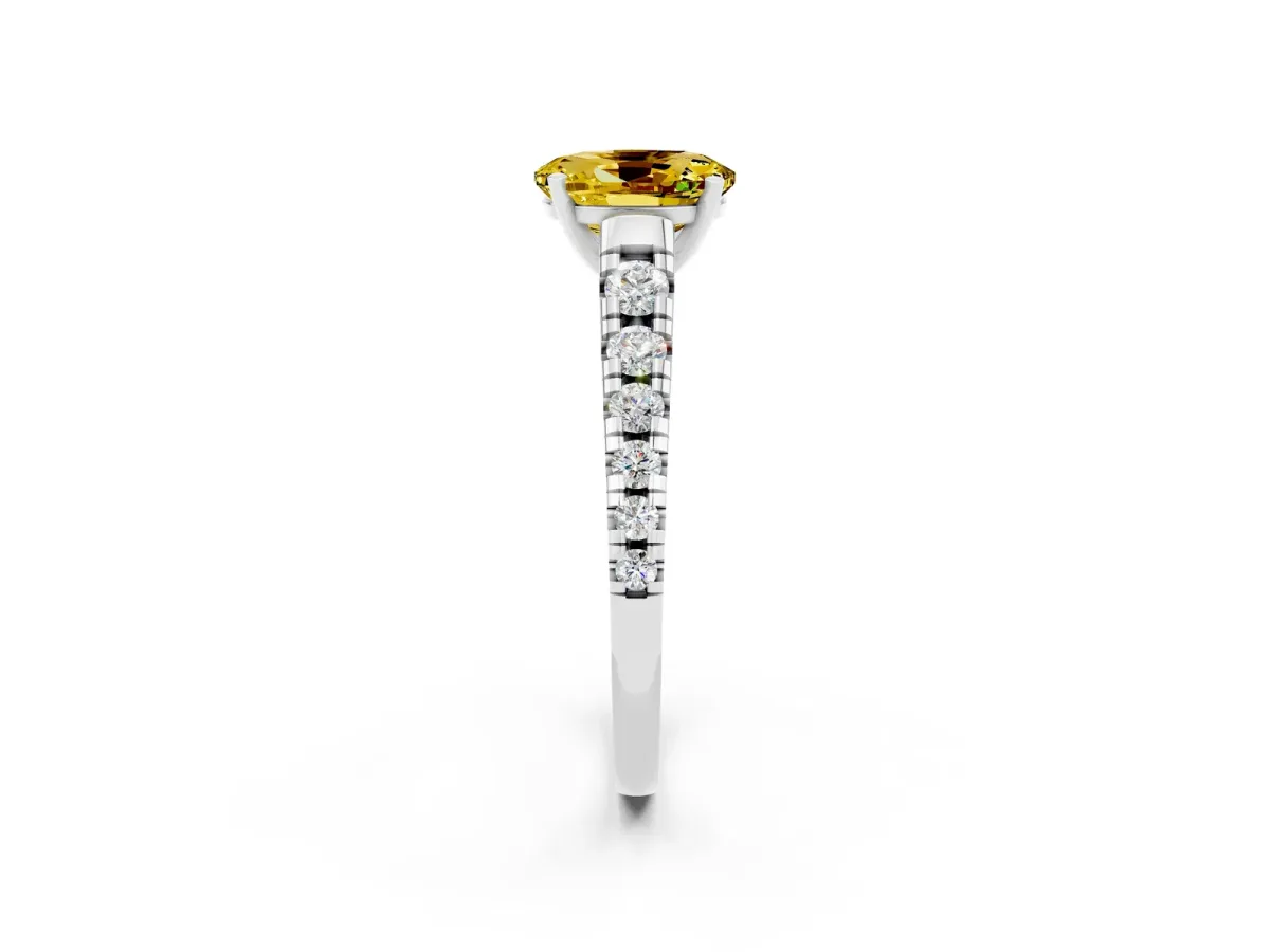 Oval Cut Yellow Sapphire Cathedral Solitaire Ring with Round Pavé Band Silver