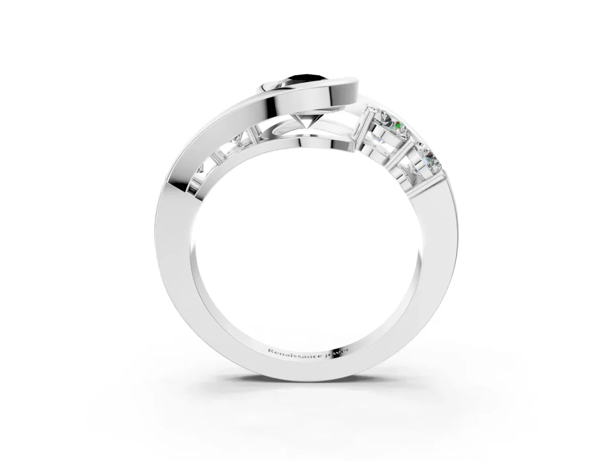 Fancy Black Bezel Set Pear Cut Diamond Bypass Ring with Round Accents Silver