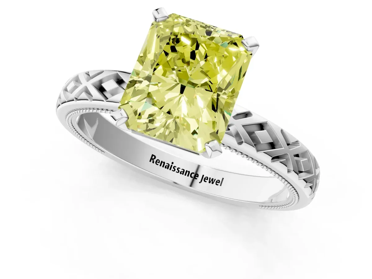 Fancy Yellow Radiant Cut Solitaire Diamond Ring with Milgrain and Black Enamel X Pattern Band Platinum