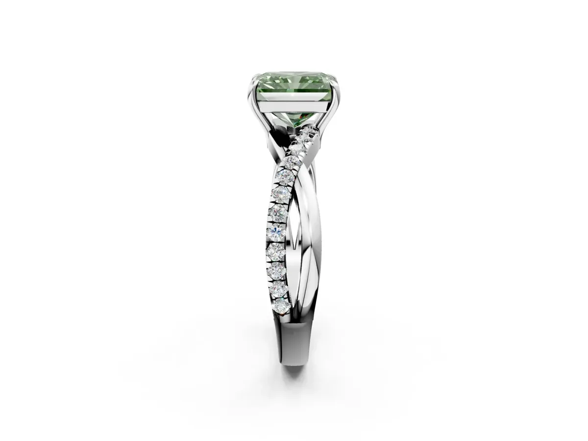 Fancy Green Radiant Cut Cut Diamond Twisted Band with Pavé Setting and Four-Prong Setting Platinum