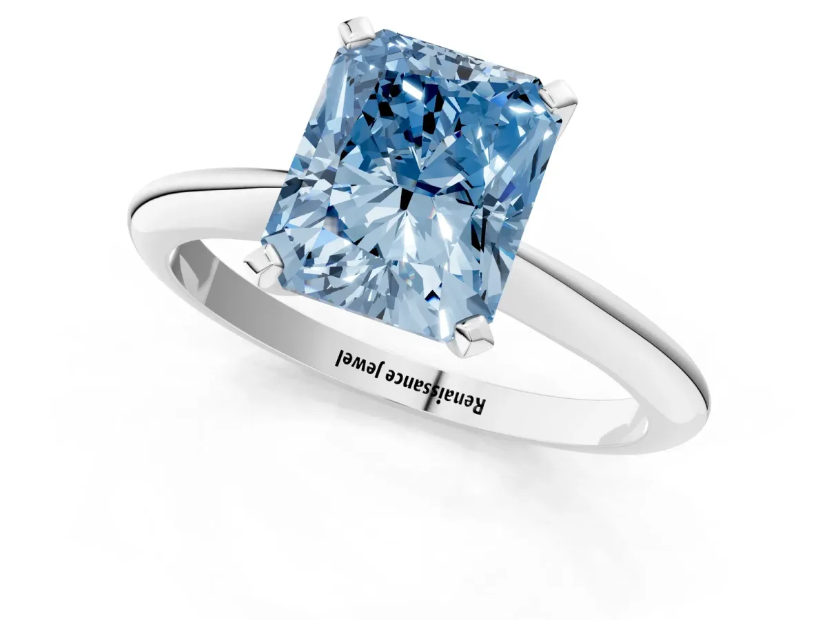 Fancy Blue Radiant Cut Diamond Solitaire Engagement Ring with Classic Band and Four-Prong Setting Silver