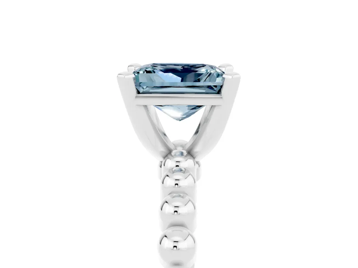 Princess Cut Aquamarine Solitaire Ring with Beaded Band and Prong Setting Silver