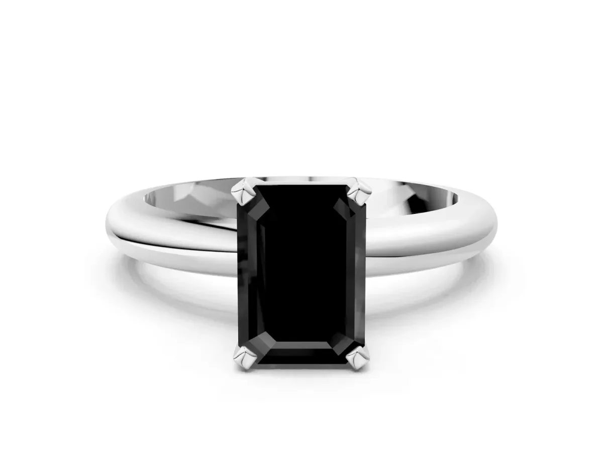 Fancy Black Emerald Cut Diamond Solitaire Engagement Ring with Round Band and Four-Prong Setting Silver