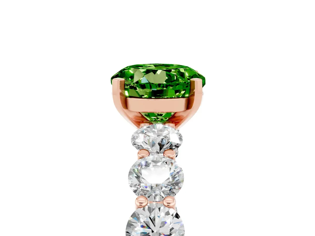 Round Cut Peridot Prong Setting with Side Stones on a Pave Band Rose gold