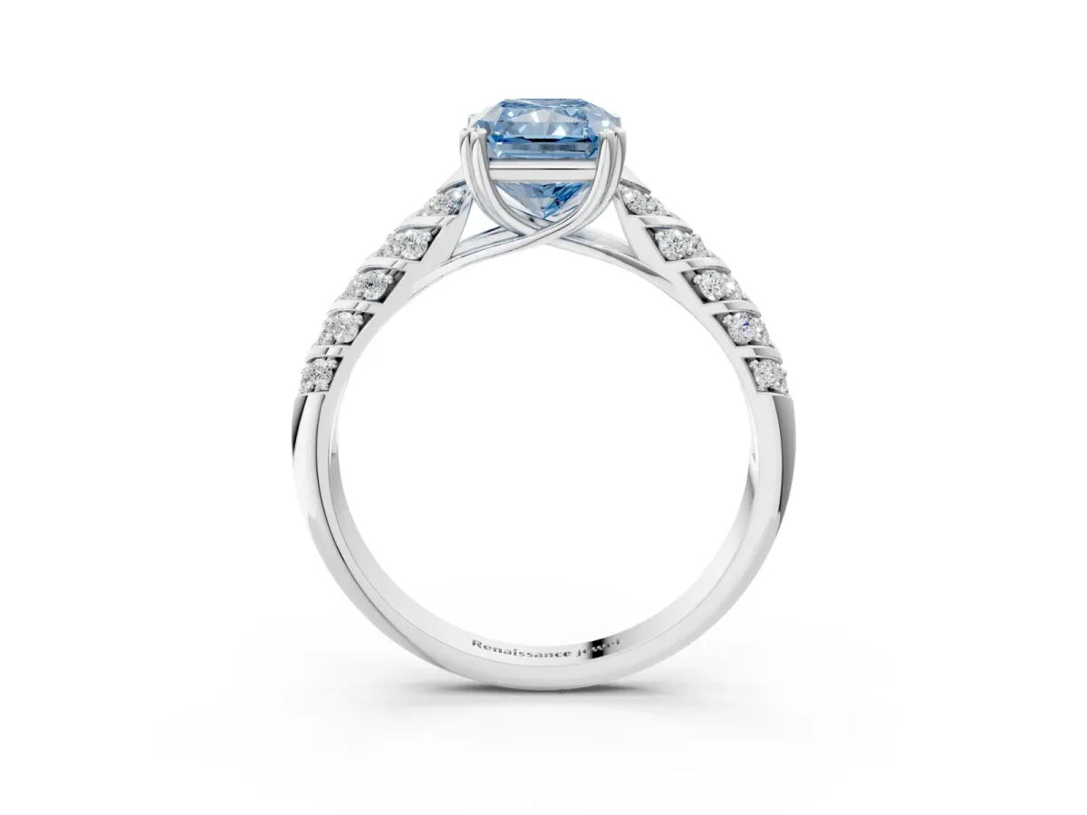 Fancy Blue Radiant Cut Solitaire Chevron Pave Diamond Engagement Ring with Six-Prong Setting Platinum