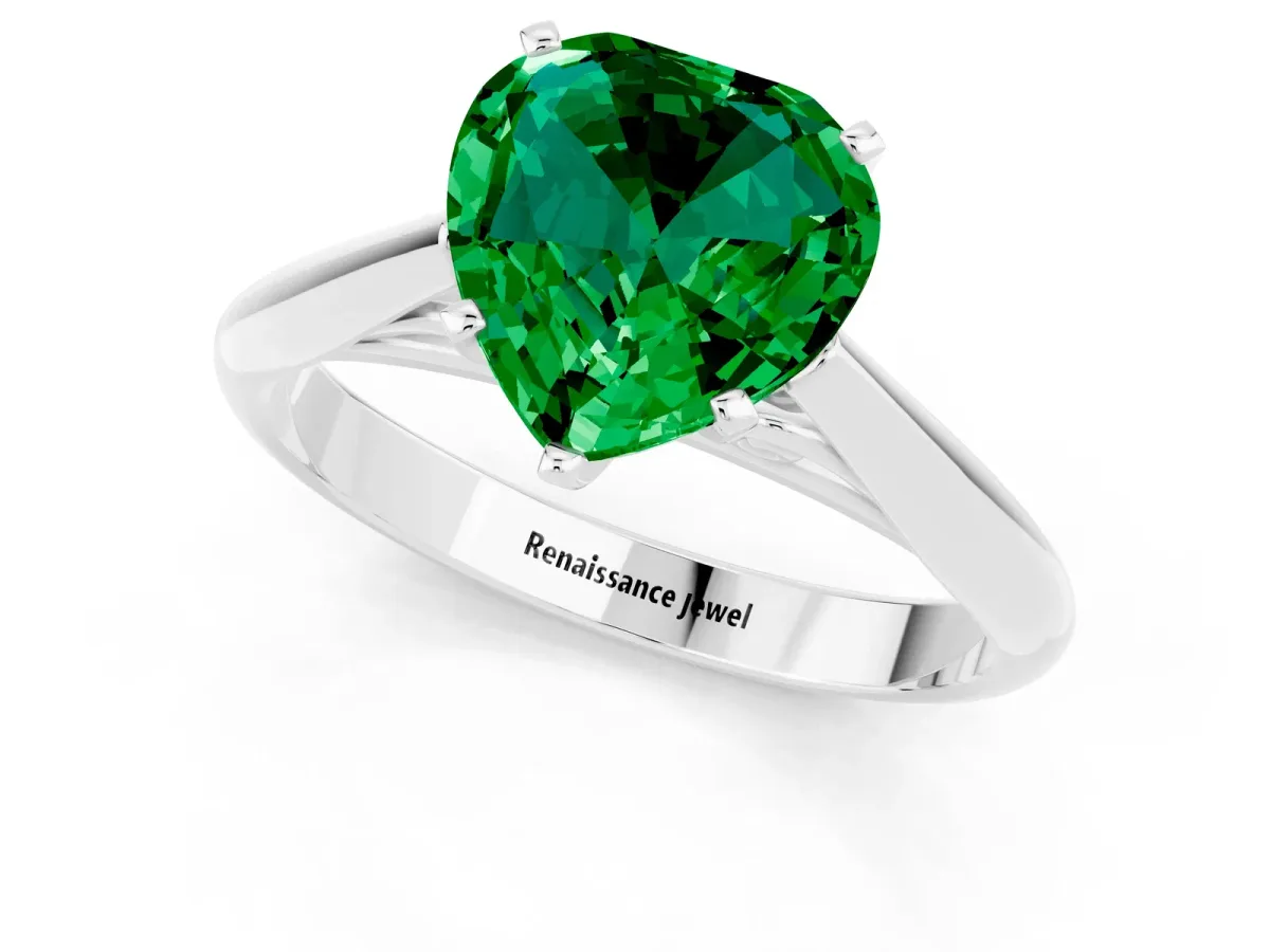 Heart Cut Emerald Solitaire Engagement Ring with Cathedral Setting and Four-Prong Mount White gold