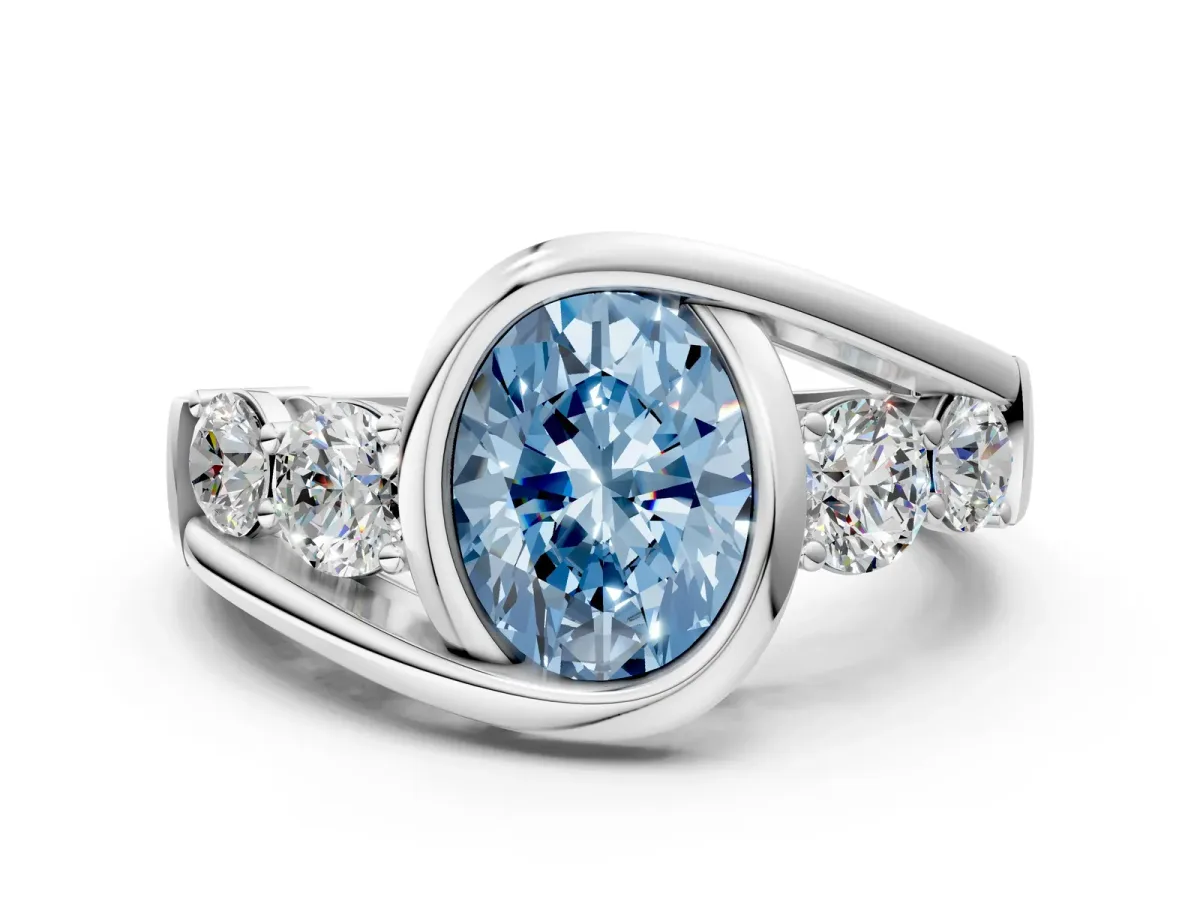Fancy Blue Bezel Set Oval Cut Diamond Bypass Ring with Round Accents Silver