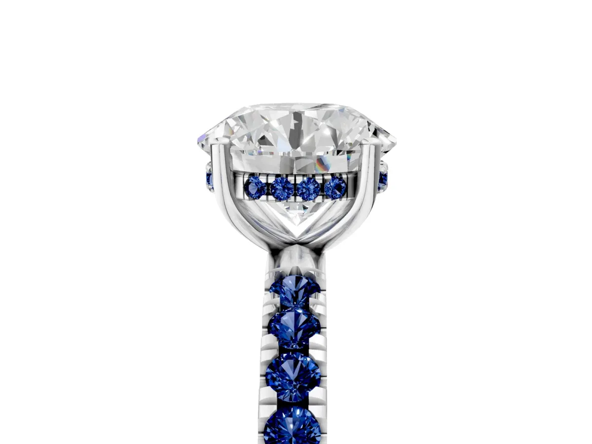 Round Cut Diamond Pave Band Solitaire Ring with Round Blue Sapphire and Prong Setting Silver