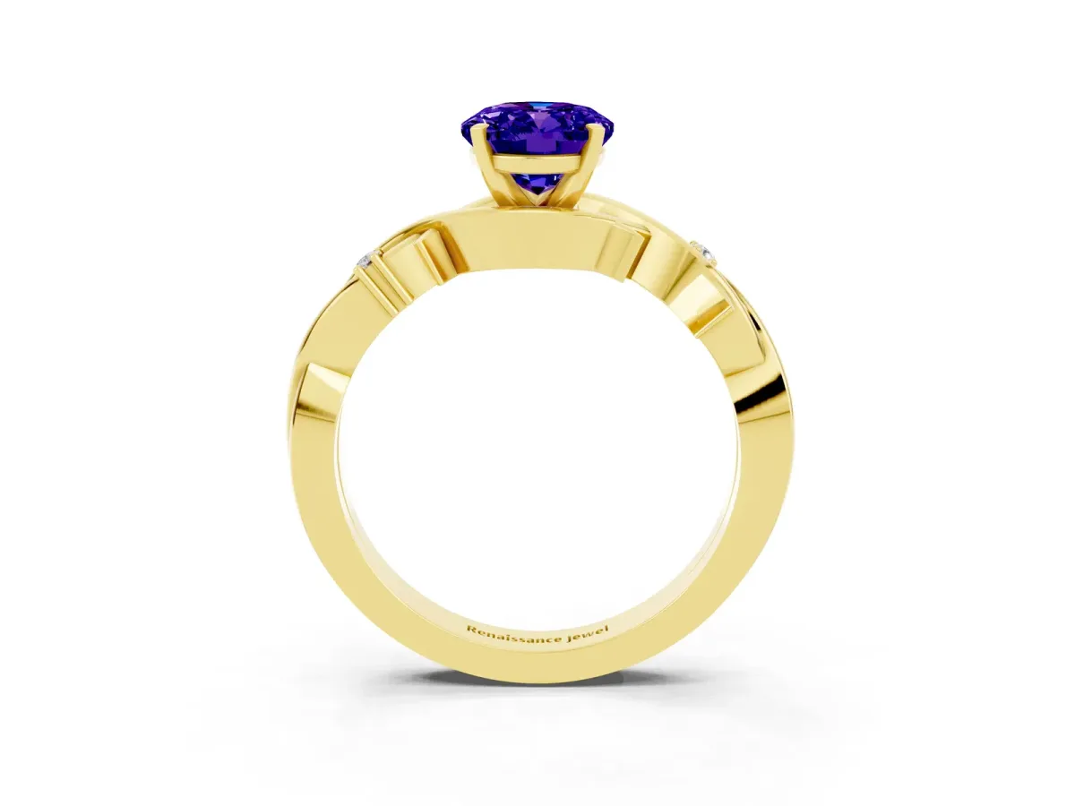 Oval Cut Tanzanite Solitaire Ring with Twisted Band and Prong Setting Yellow gold